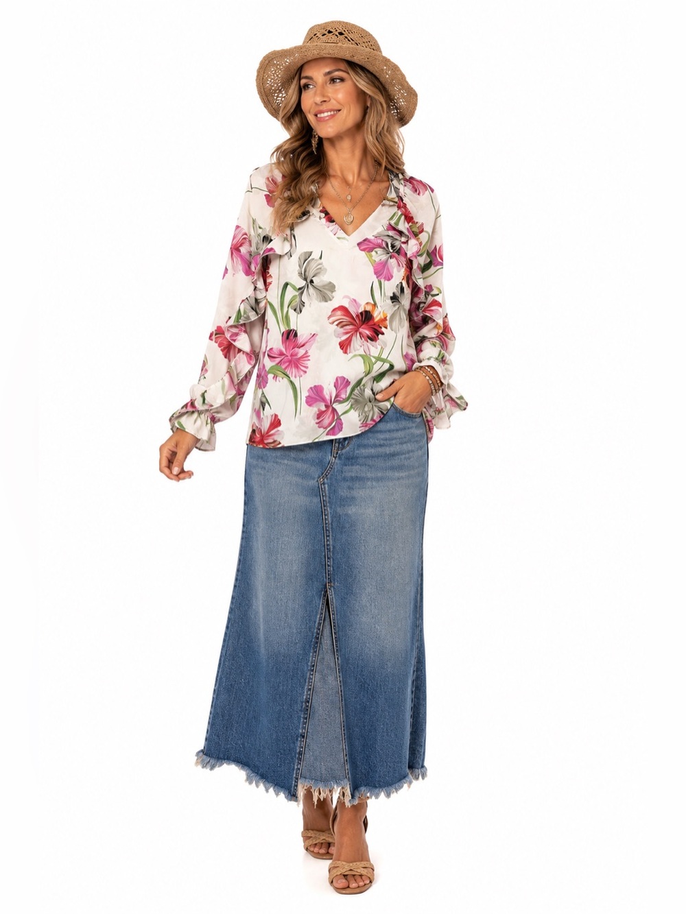 Sioni Floral Ruffled V-Neck Long Sleeve Blouse Size Large
